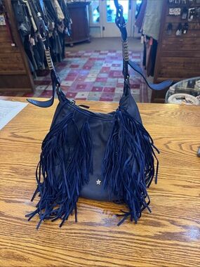 Ash Navy Fringe Leather Shoulder Bag